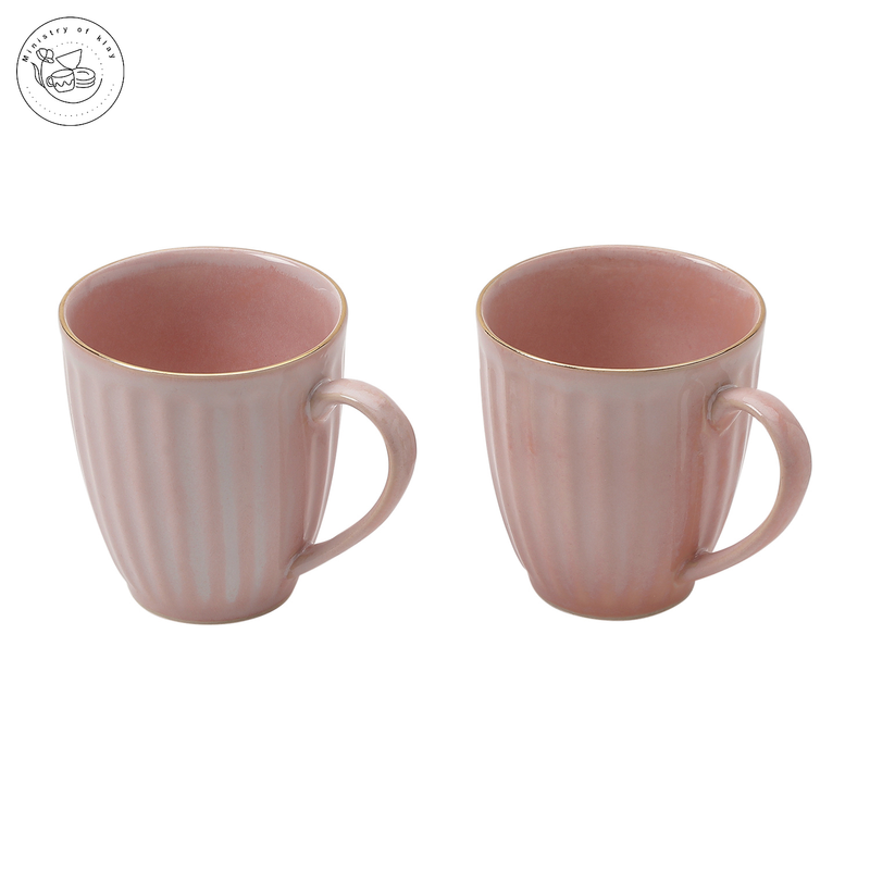 Ministry Of Klay Pink with Golden Ring Ceramic Coffee Mugs / Microwave Safe, Set of 2, 350ml each